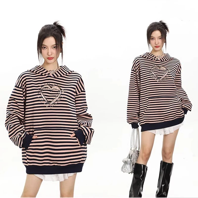 

Y2k Streetwear Striped Hoodies Jumper Autumn Winter Women Soft Loose Casual Hooded Sweaters Long Sleeve Top Chic