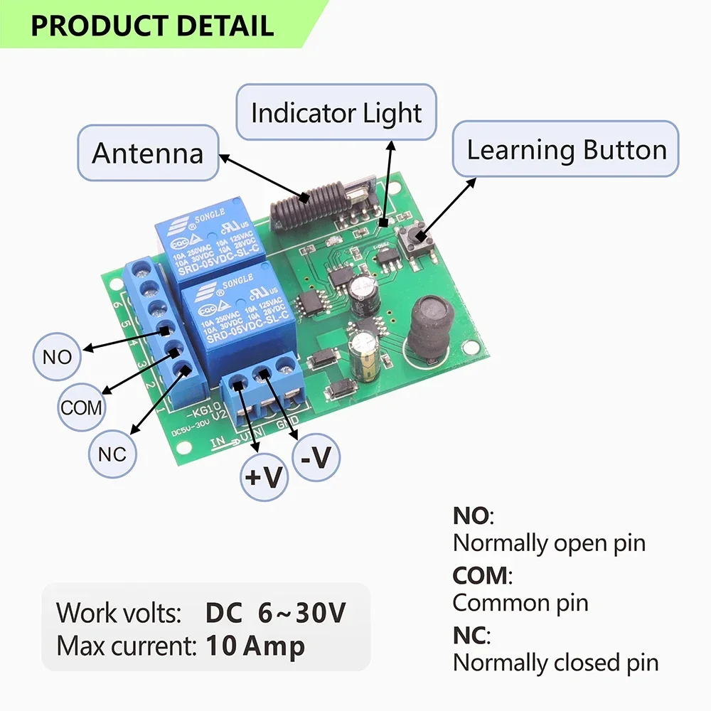 433MHz Universal Wireless Remote Control Switch DC 6V 12V 24V 2CH RF Receiver,50m Remote Controller,for Light/Gate/Motor/DIY