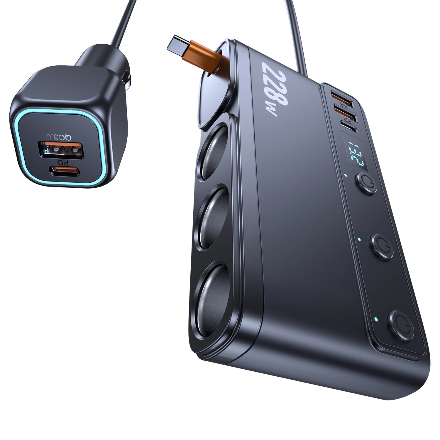 9in1 12V/24V Cigarette Lighter Splitter 228W USB Car Charger Adapter QC3.0 PD45W Cable with LED Voltage Display Car Accessories