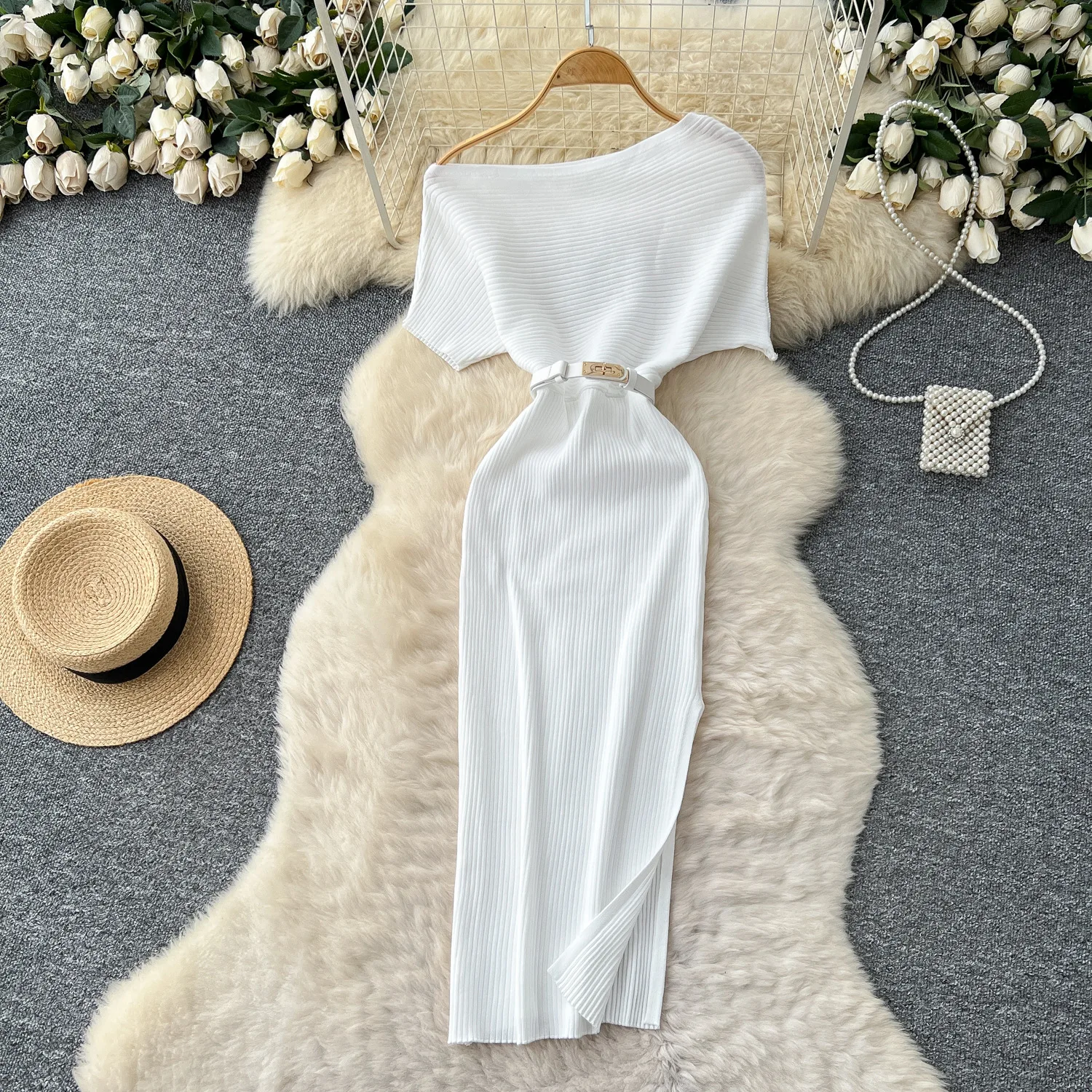 

Women Long Dress Dresses Oblique Collar Vestidos Knitted Short Sleeve Elegant Splice Y2k Streetwear Tight Waist Party Night