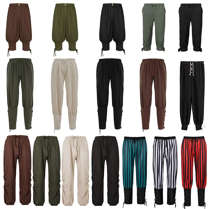 بنطلون رجالي كاجوال بحزام عند الكاحل، بنطلون سريع الجفاف بتصميم قراصنة القرون الوسطى لهالوين، بنطلون مستقيم الساق من ألياف ال...