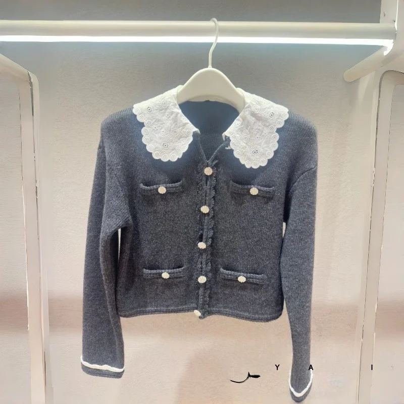 

Вязаный кардиган для женщин с отстегивающимся кружевным воротником, разноцветный, с длинными рукавами, в французском стиле, для ранней весны