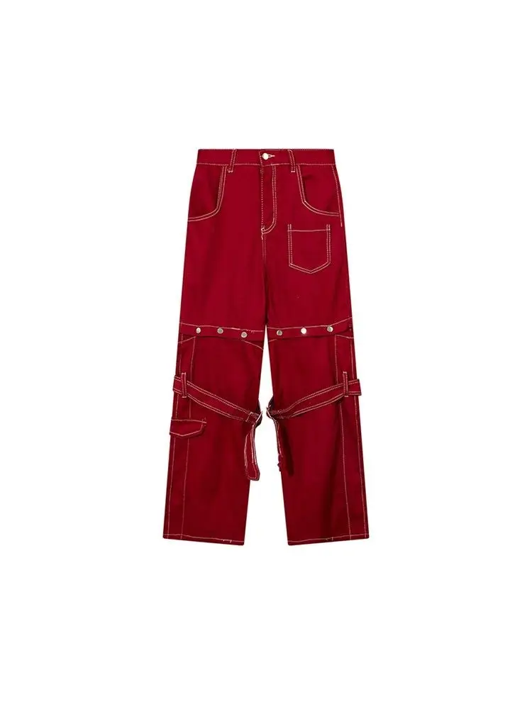 American high street vermelho trabalho jeans feminino 90s picante menina y2k design sentir destacável calças jeans soltas perna larga calças de carga