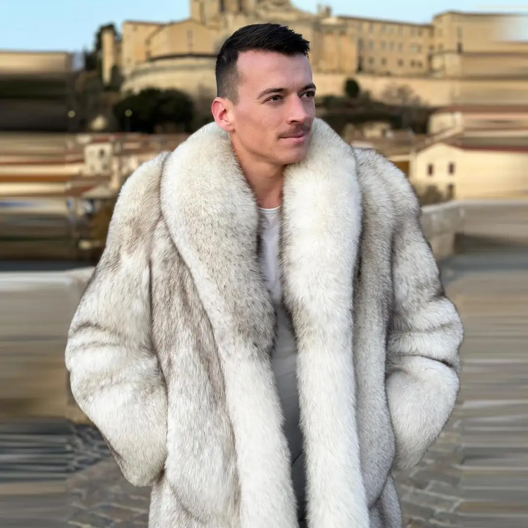 Mens Real Blue Fox Fur Lapel Coat Winter Full Pelt Warm Thick Overcoat Luxury Fashion Natural Fox Fur Jackets Outwear