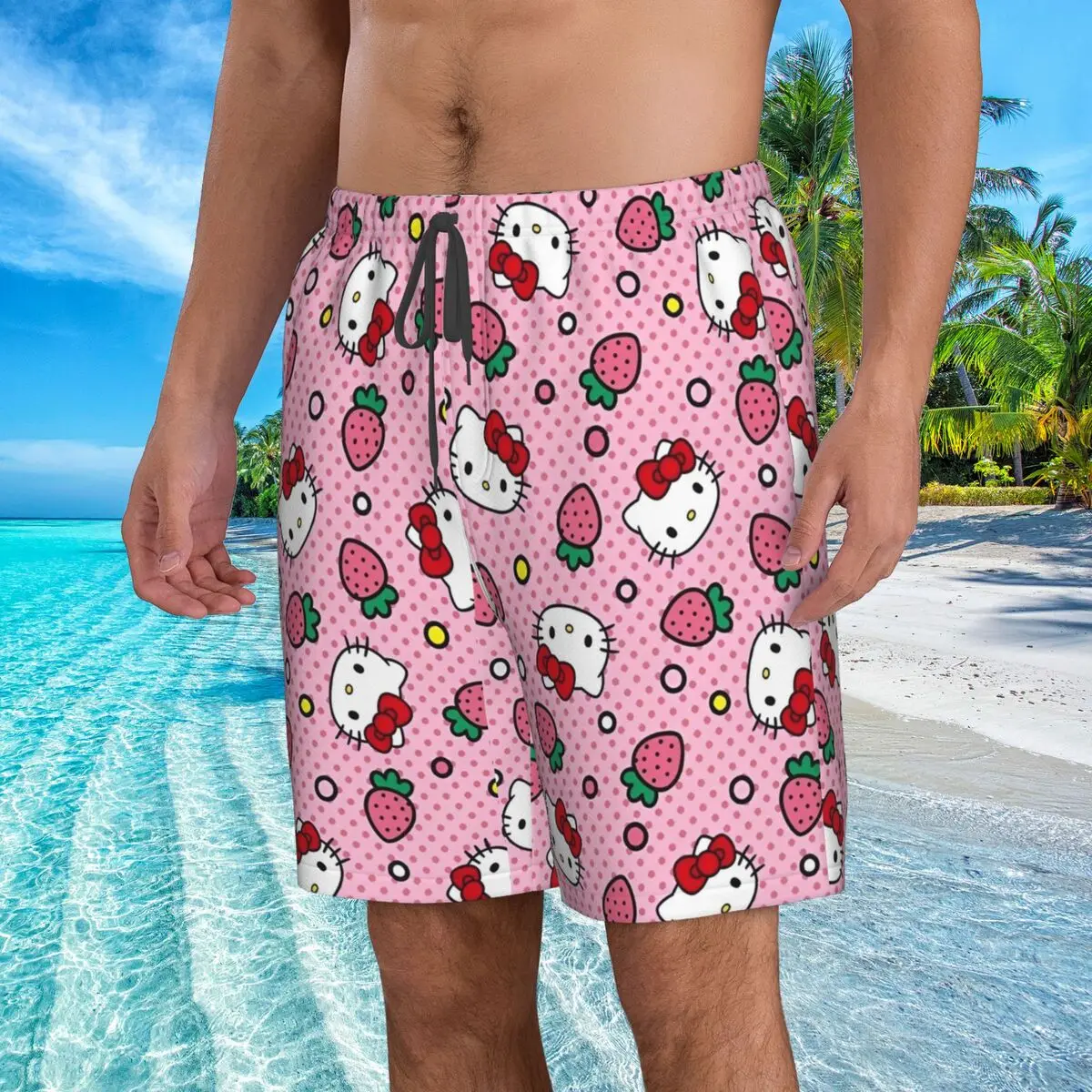 Hello Kitty Men's Swim Trunks Quick Dry Swimming Board Shorts Mesh Lining Beach Swimwear