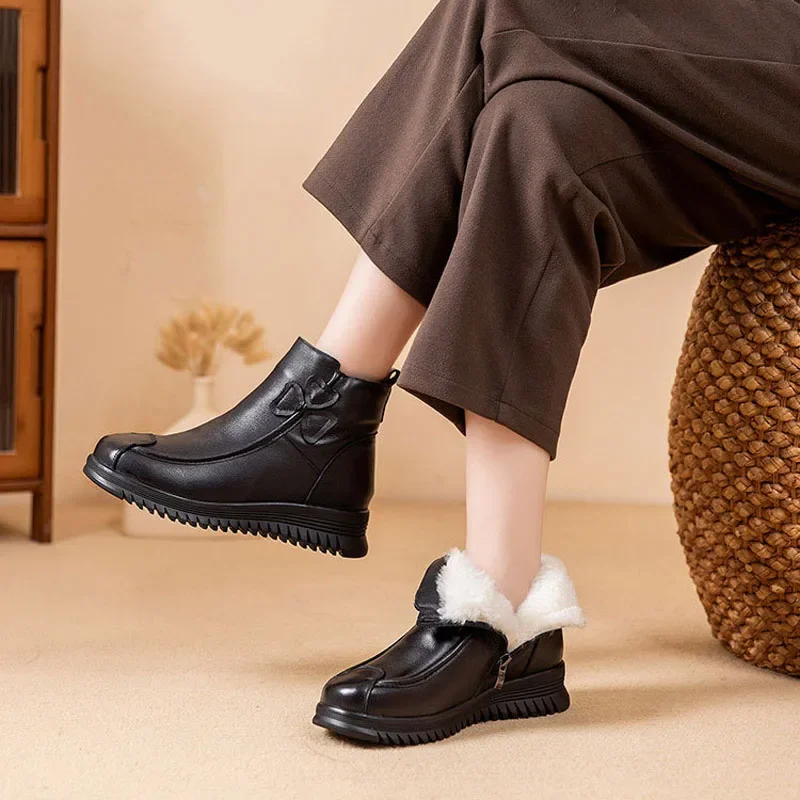 

Женские ботинки из коровьей кожи, зимняя женская обувь, шерстяные плюшевые зимние ботинки из натуральной кожи, женская кожаная обувь на плоской платформе