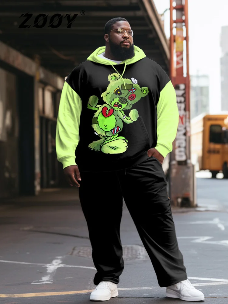 

ZOOY (L-9XL) Men's Plus Size Personality Casual Street Vintage Graffiti Bear Skull Poker Hoodie Sweatpants Set