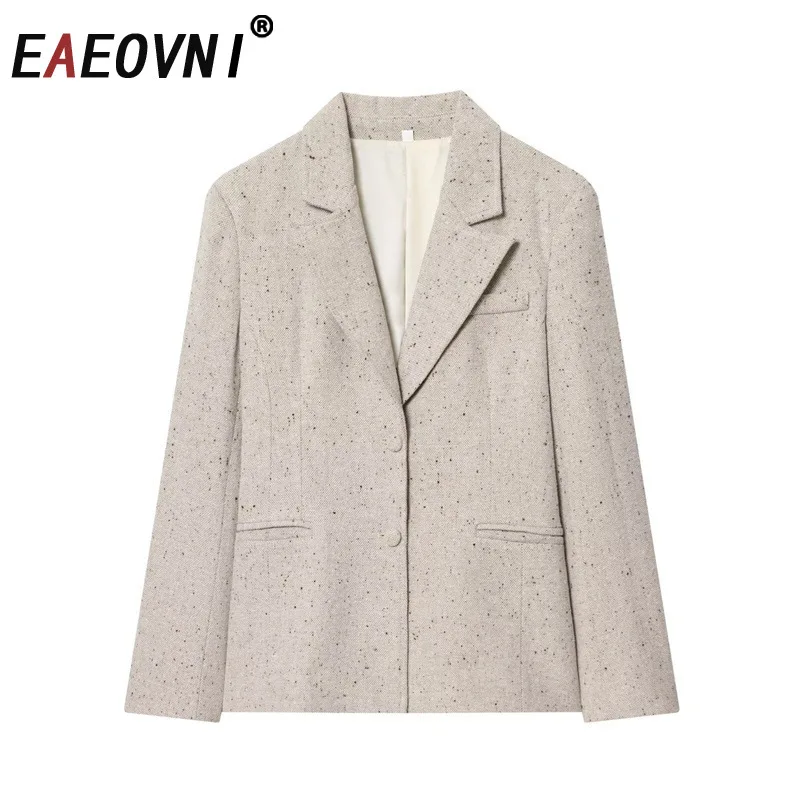 

Модный женский пиджак EAEOVNI с отложным воротником, длинным рукавом, для офиса, повседневный, весна 2026, новая коллекция
