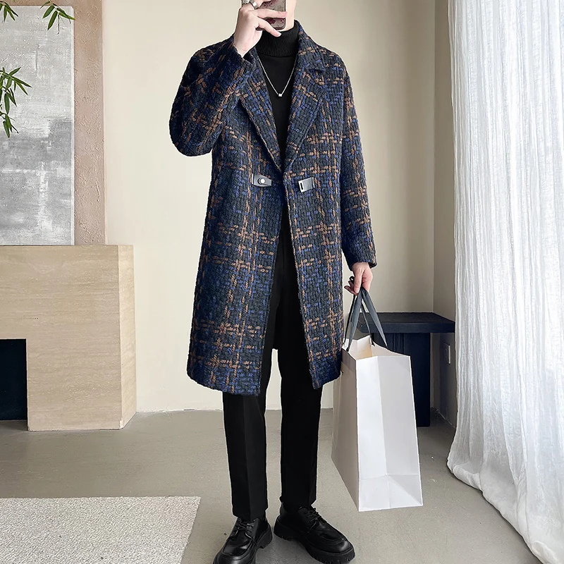 

British Style Jacquard Pattern Trench Coat Men Autumn Winter Mens Medium Long Coat Business Casual Streetwear Windbreaker