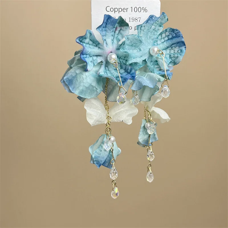 

Sweet Blue Cloth Flower Long Pearl Tassel Earrings For Women Exaggerated Big Petal Earrings Lady Vacation Jewelry Accessories