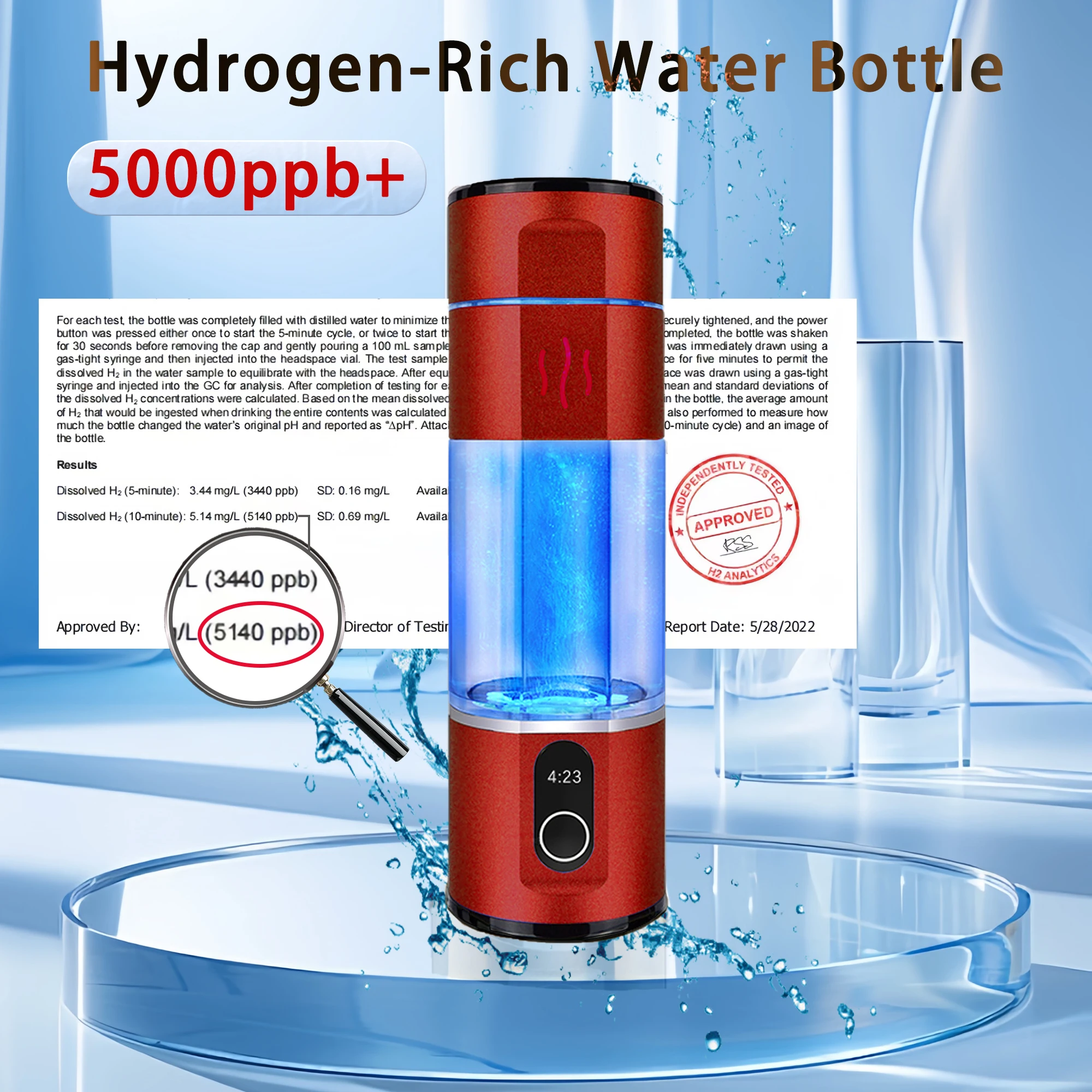 

Portable Hydrogen Water Bottle, Hydrogen Water Generator with SPE/PEM, 5000ppt Pure Hydrogen Rich Concentration