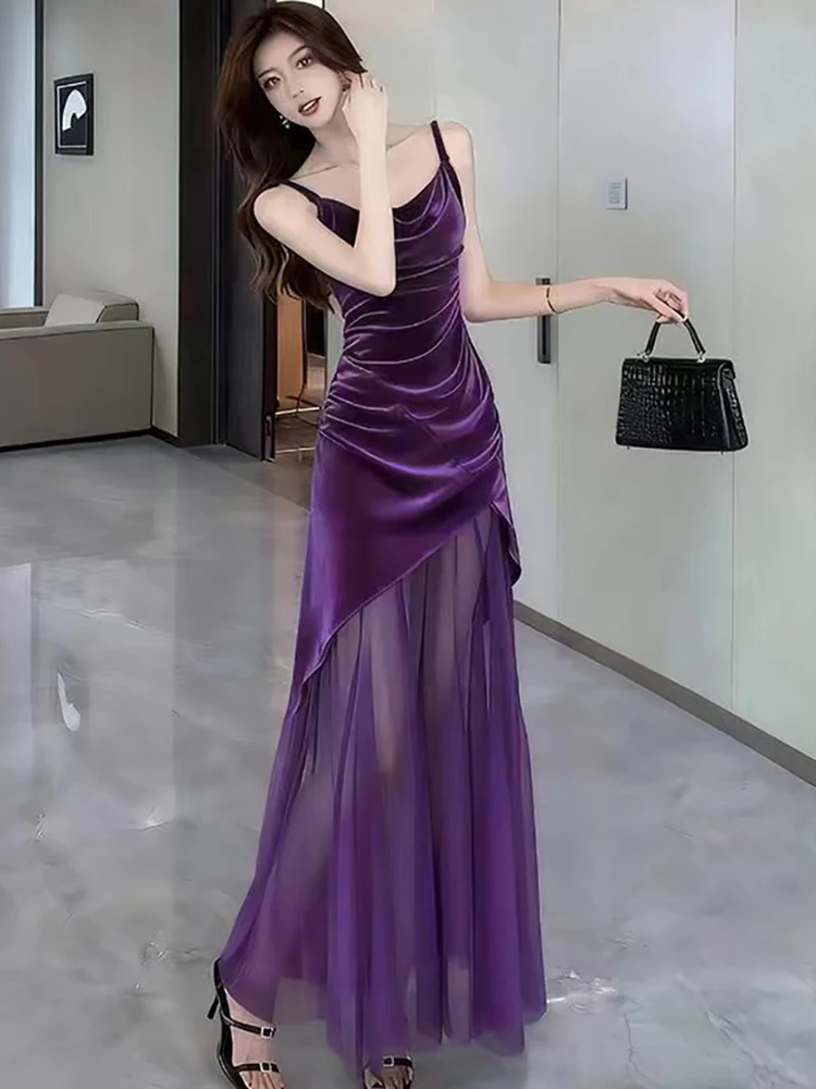 المرأة الأرجواني المخملية المرقعة شبكة شير مثير فستان طويل الخريف أنيقة شيك فستان بكتافة 2025 الكورية خمر فستان سهرة فاخر