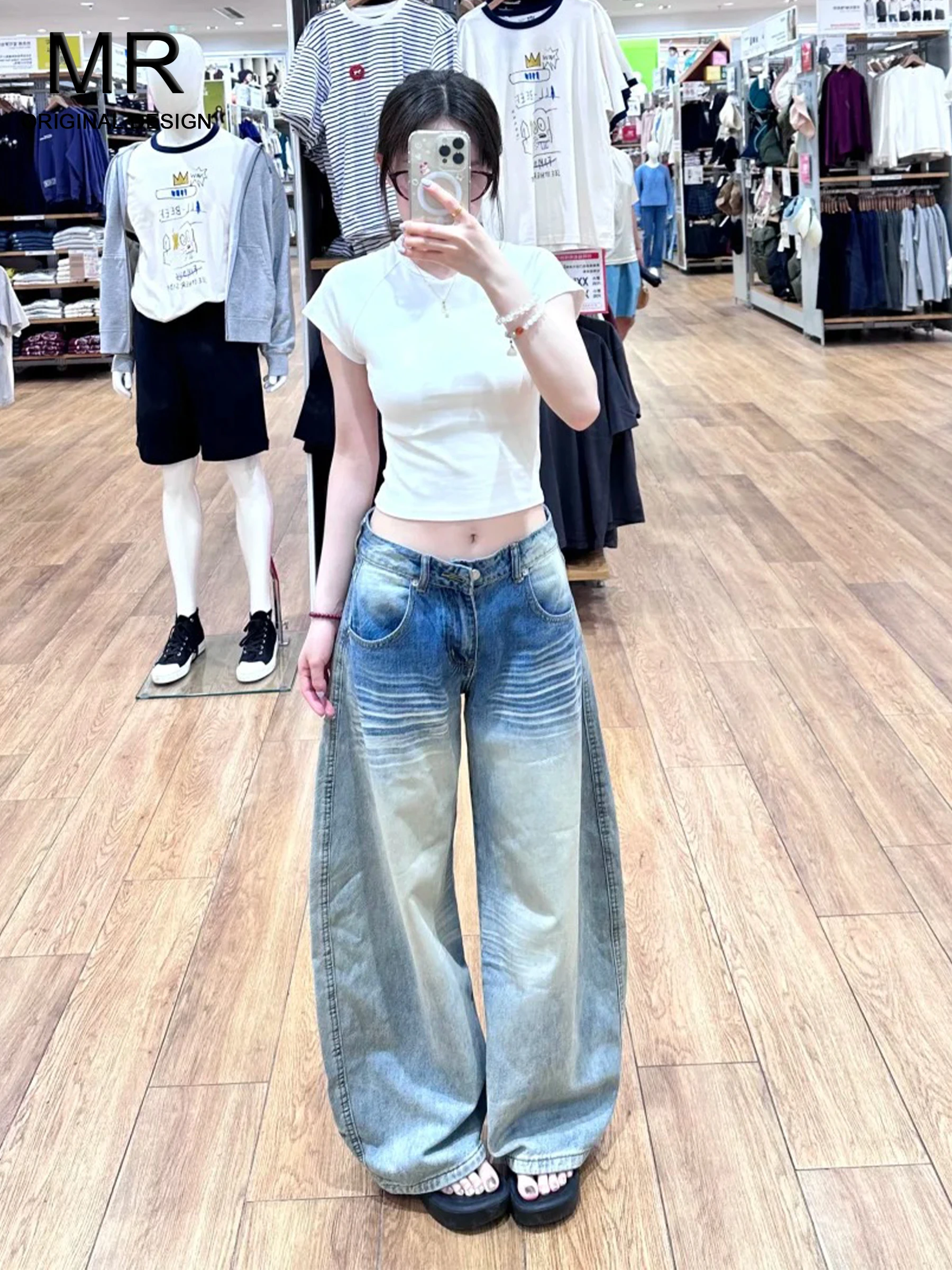 

Retro American Washed Knife Jeans Women's Loose Slim Wide Leg Pants High Waist Casual Spring Summer Trendy Ladies Jeans