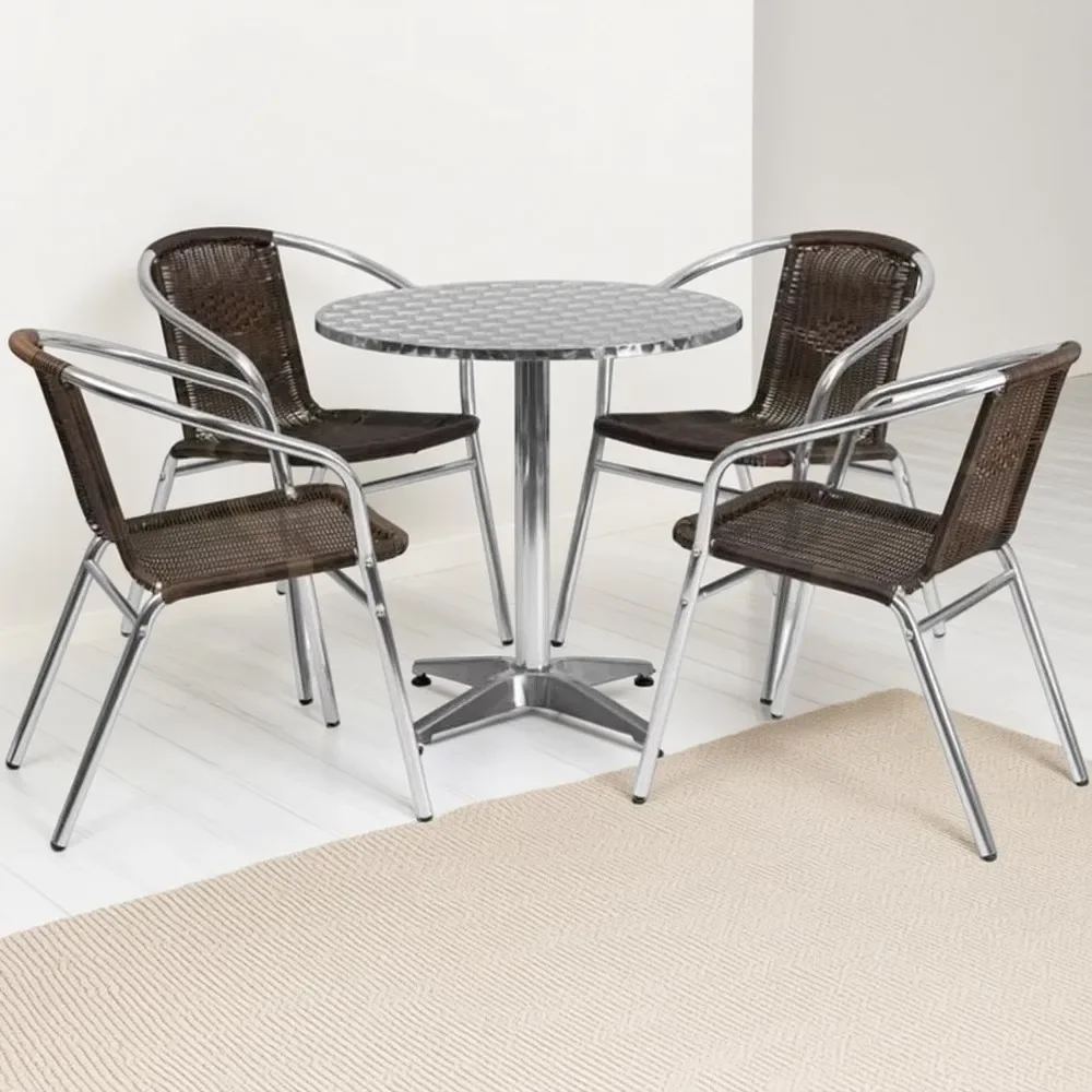 

27.5'' Round Aluminum Indoor-Outdoor Table Set with 4 Dark Brown Rattan Chairs