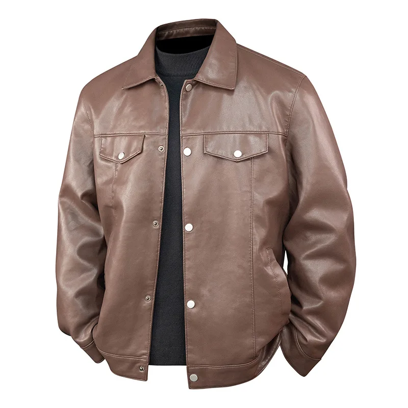 

Men Leather Coat Spring Autumn High Street Turn Down Collar Male Jacket Single-breasted Long Sleeve Windproof Man Outerwear