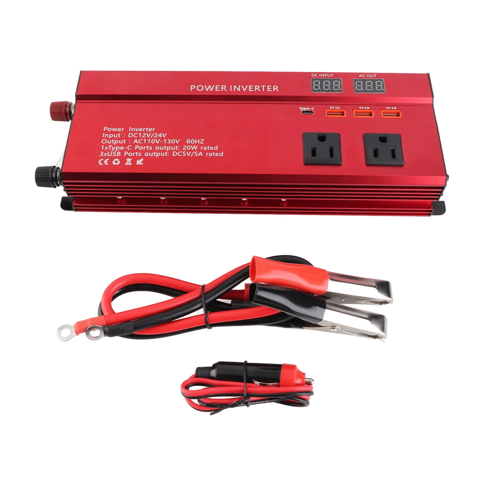 

Инвертор мощности, модифицированный синусоидальный преобразователь 12 В/24 В до 60 Гц, 900 Вт, 3 розетки переменного тока, 3 порта USB, 1 порт типа C для преобразователя напряжения телефона, планшета