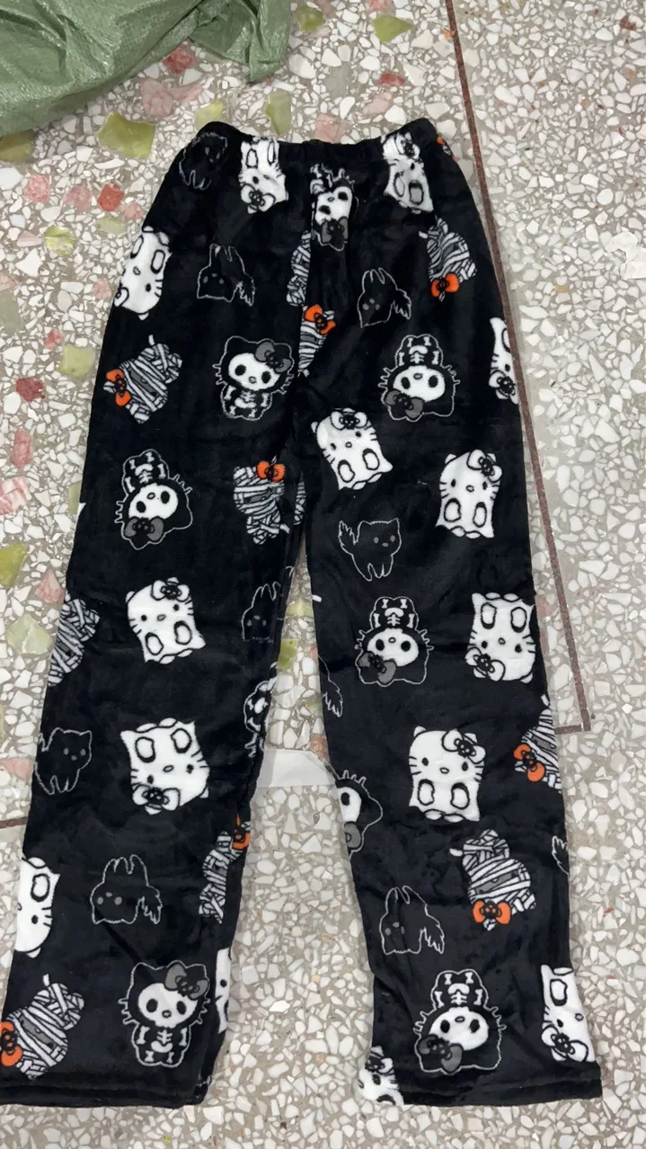 Sanrio Hello Kitty Flannel Pajamas Halloween Orange Women's Warm Woolen Cartoon Casual Home Pants In Autumn Winter Fashion Trous