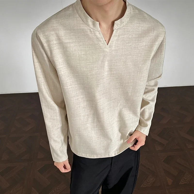 Mens Basic Mandarin Collar Long Sleeve T Shirt V Notch Neck Wrinkle Resistant Woven Fabric Daily Garment