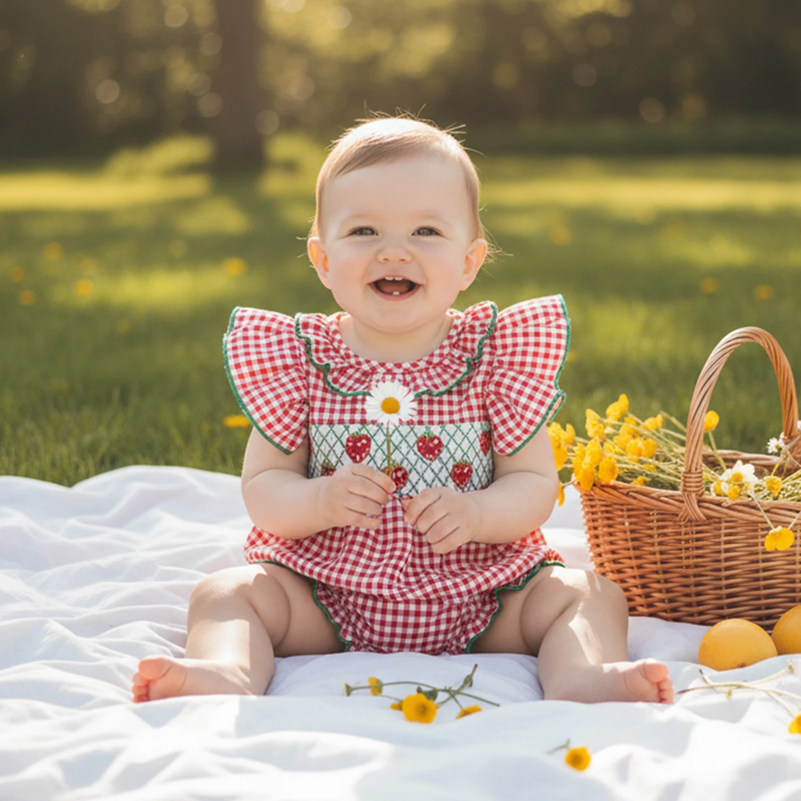 

Летние комбинезоны для девочек с рукавами-крылышками, круглым вырезом, вышивкой в клетку и клубничным узором, боди для младенцев, одежда