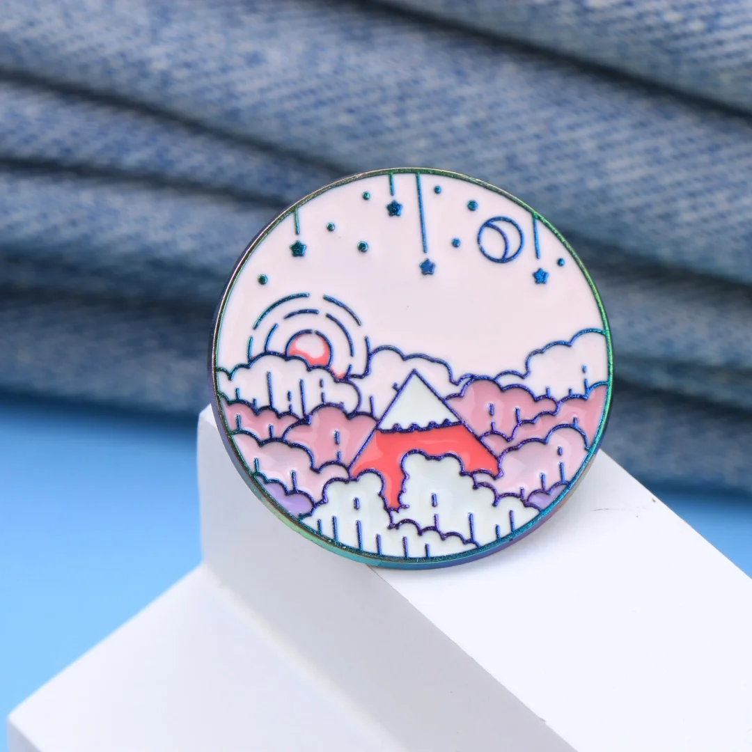 Round Mountain Star Moon Enamel Pin Scenery Cloud Rain Metal Lapel Badge For Backpack Jacket Hat Decor Aesthetic LandscapeGift