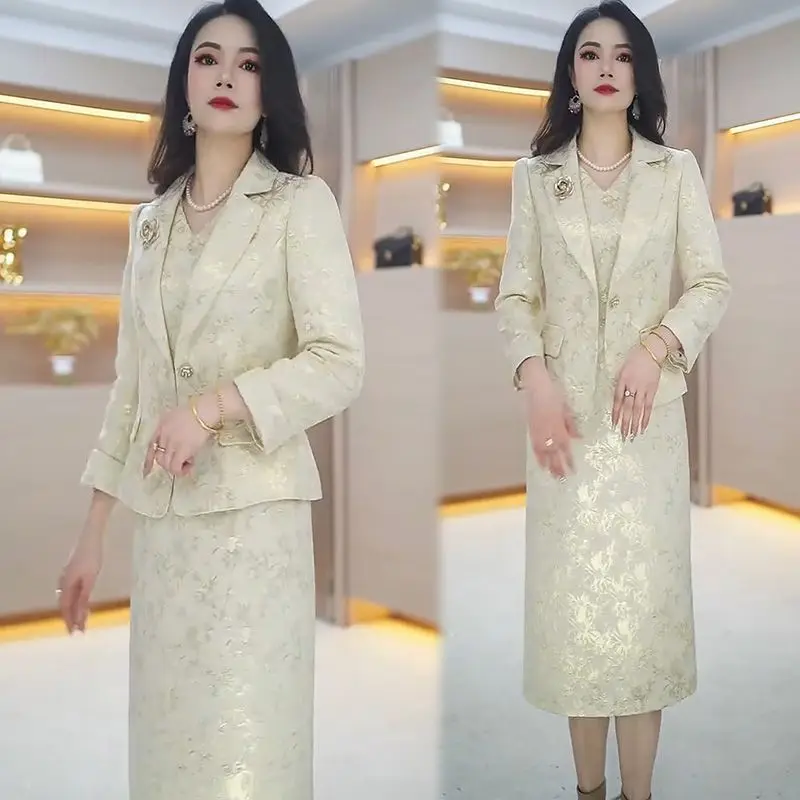 Feminino 2025 início do outono novo temperamento fino ajuste terno + colete elegante vestido impresso design sentido high-end conjunto de duas peças