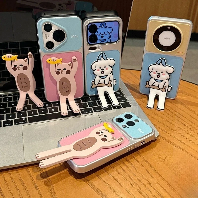 Cartoon Cat Dog Stand Phone Case For Samsung Galaxy A27 A37 A36 M36 F36 A35 A34 A33 M32 A31 A26 A25 A24 A23 A22S Soft Cover