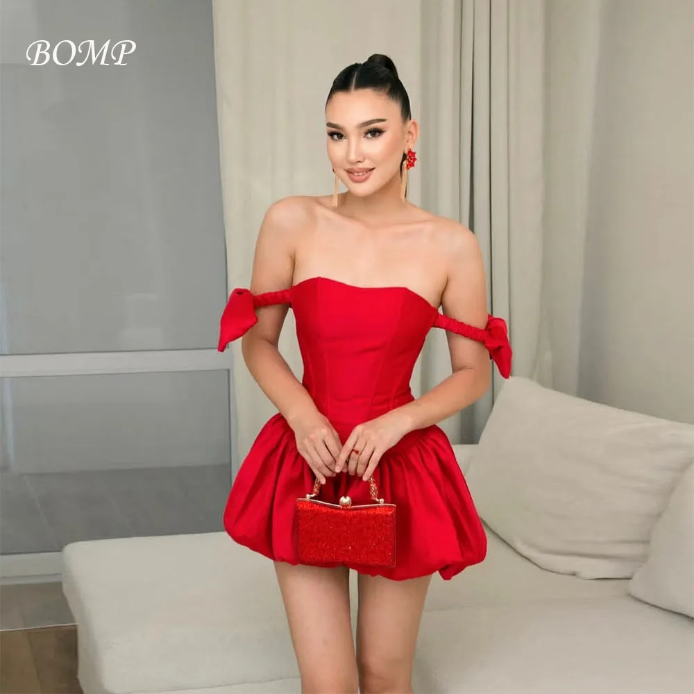 

BOMP Sexy Red Short Wedding Party Dress Off Shoulder Draped A-Line Satin Special Occasion Prom Gown Mini Dresses Customized