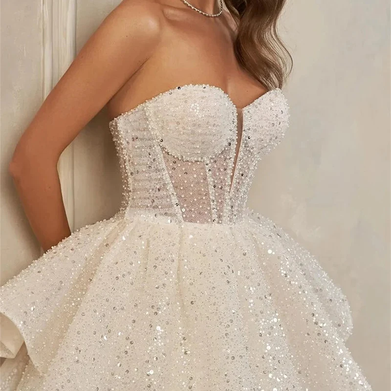 Robe de soirée courte sans bretelles, paillettes, perles, chérie, à plusieurs niveaux, en Tulle, robe de Cocktail, ligne a, robe de soirée