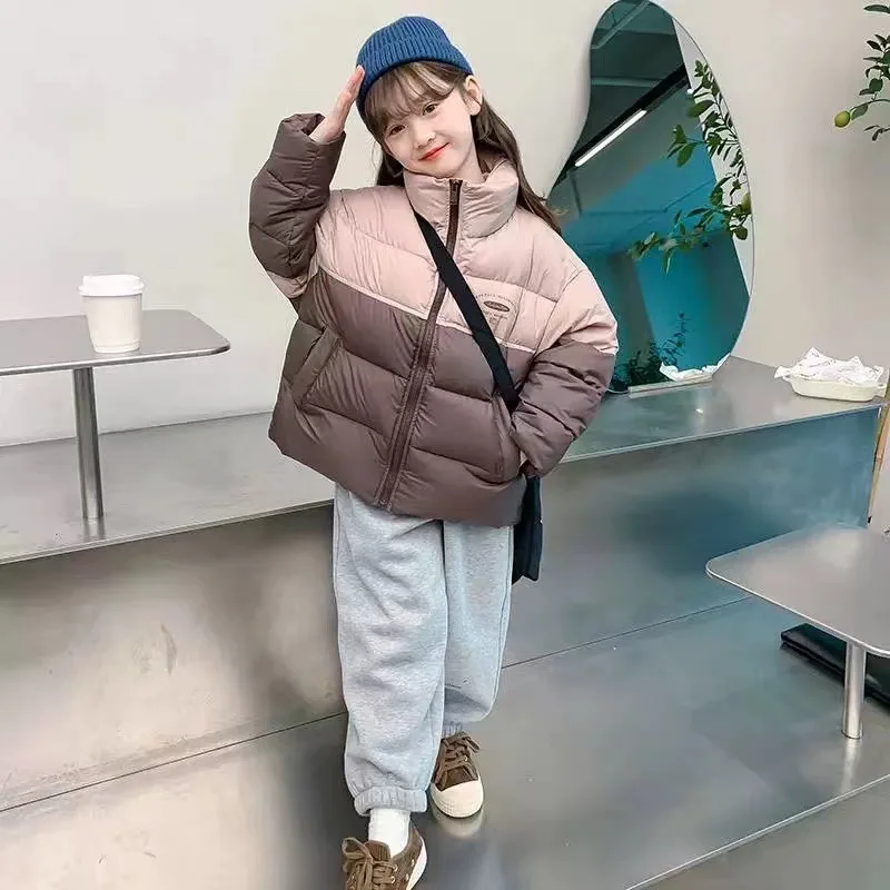 

Winter patchwork stand-up collar cotton-padded jacket, thickened casual color-blocked letter coat for boys and girls siblings