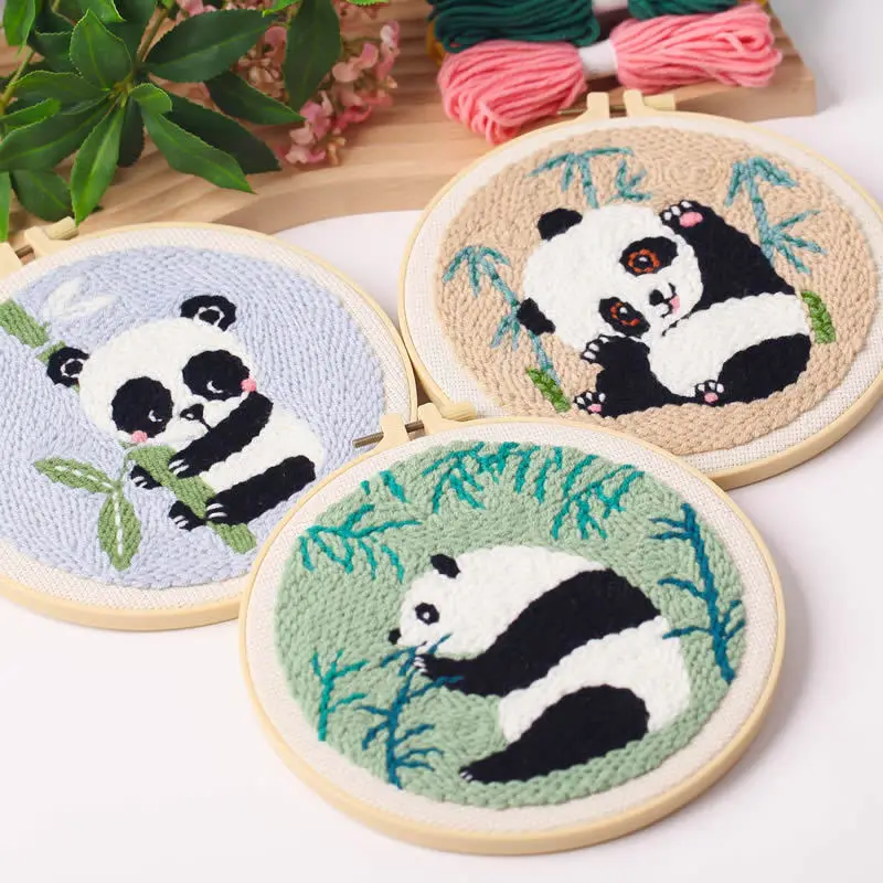 Cute Panda Bamboo Punch Needle Rug Punch Kit with Pattern Clothes, Needle,Threader for Crafter DIY Kit Room Decor