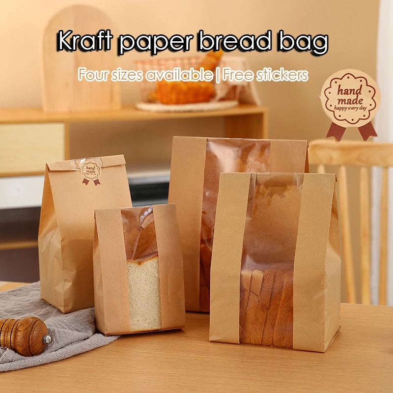 50/100pcs Kraft Paper Bag Toast Bag Packaging Bag Self Sealing Bread Bag Baked Food Wrapping Pouche Biscuit Cake Bag Free sticke