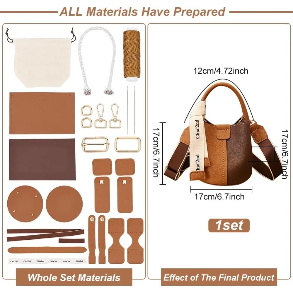 DIY PU Leather Bag Making Kit for Women Handbags Sewing Kit for Adult DIY Bucket Bag Making Kit with Lined Pockets DIY Purse