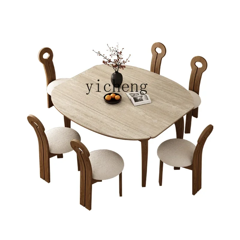

retro cream wind tunnel stone retractable rock slab dining table modern simple square and round dual-purpose dining table