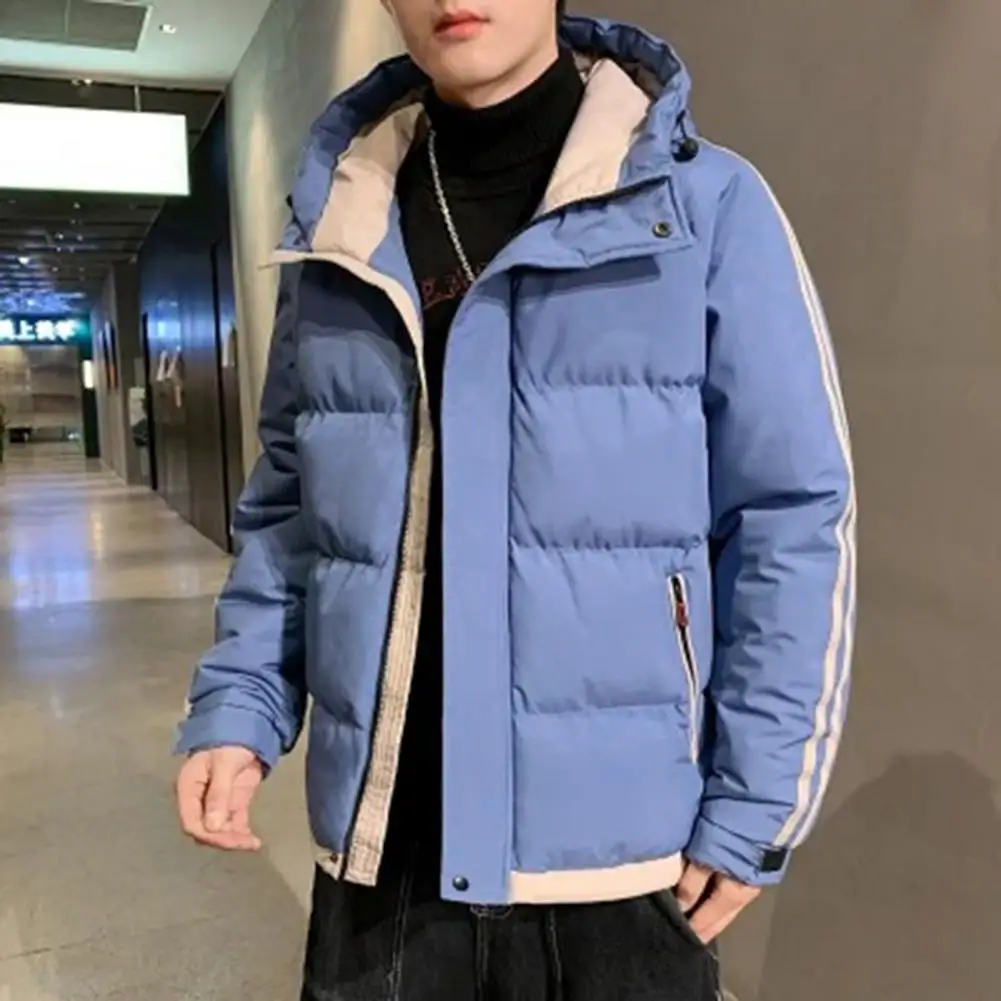 Cold-proof Hooded Jacket Windproof Hooded Cotton Jacket for Men with Long Sleeve Color Patchwork Design Warm Padding Zipper