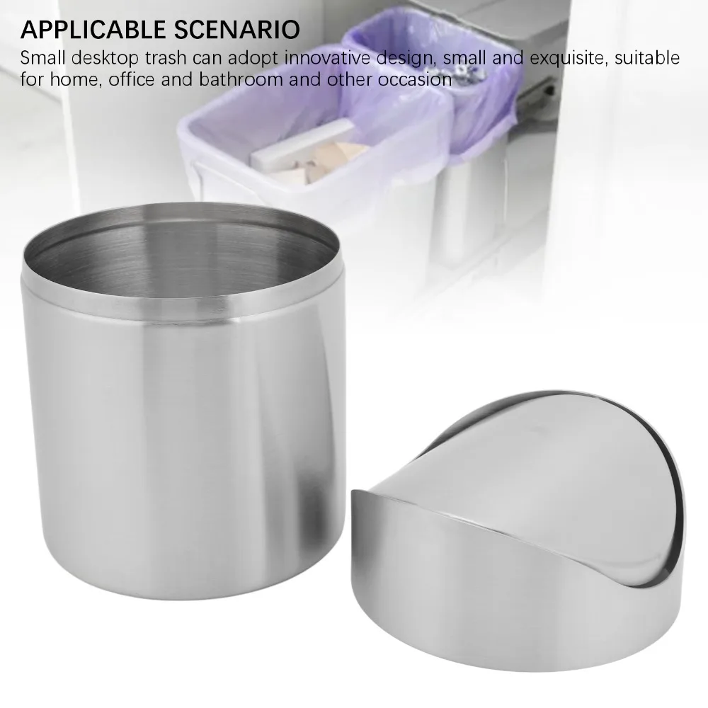 Sleek Stainless Steel Mini Trash Can Swing Lid Compact Size Desktop Trash Can Silver Swing Lid Trash Can Kitchen