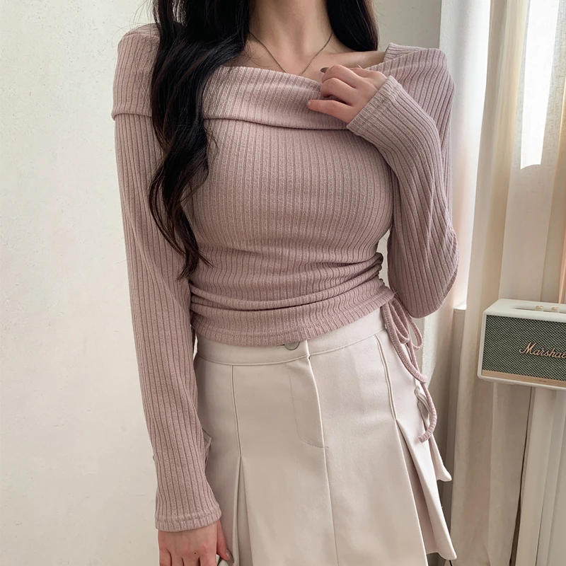 Frauen Neue Feste Sexy Schlank Off Schulter Pullover Slash Neck Langarm Stricken Pullover Büro Mode Neue Ziehen Falten Crop Tops