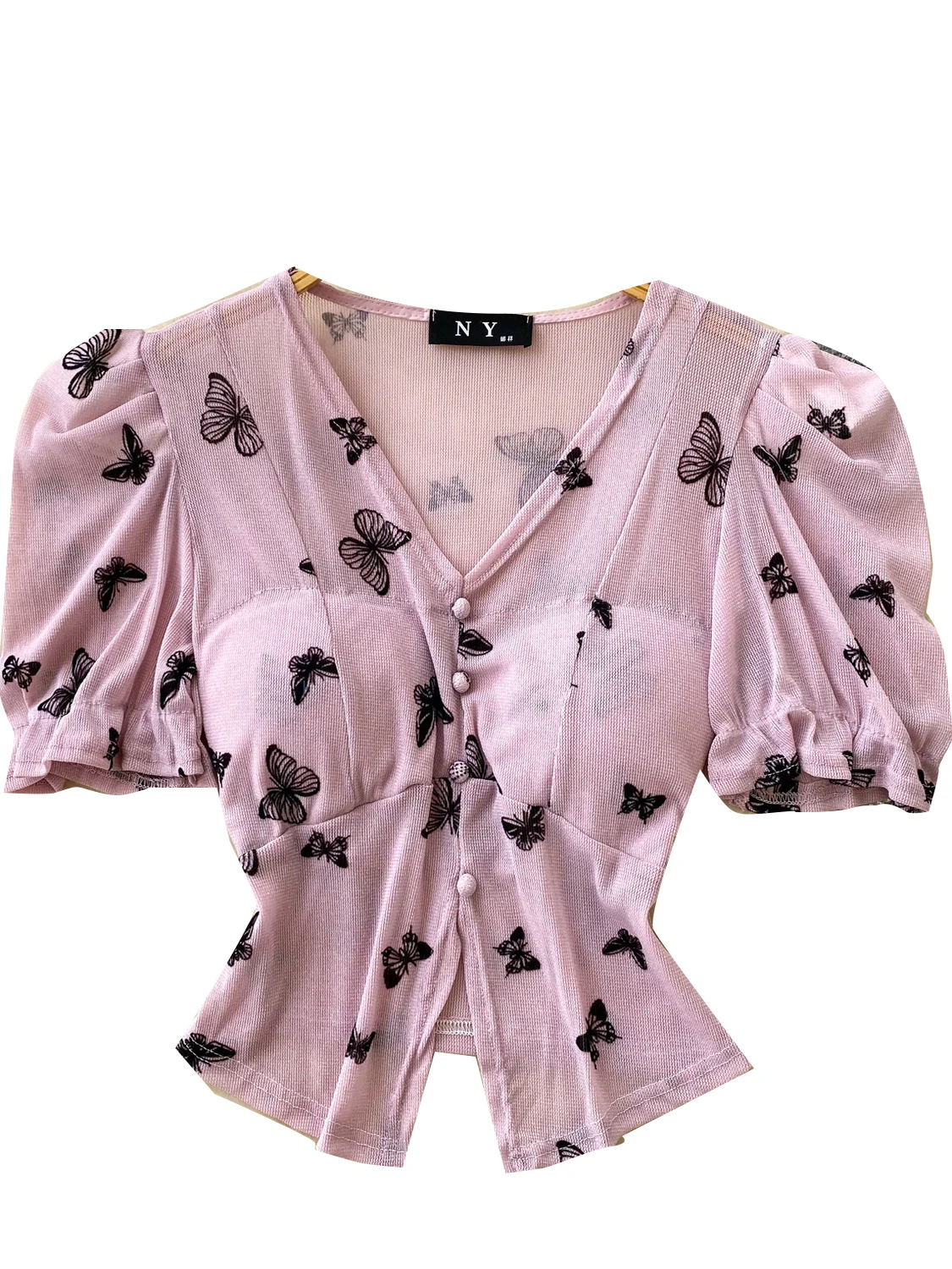 Damski top w stylu retro z nadrukiem, z wkładką w biuście, cienki, piękny, modny, koreański, casualowy.