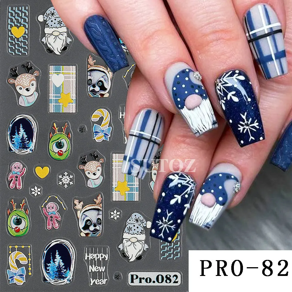 Pegatinas de uñas 3D de hombre de jengibre, sombrero de Papá Noel, copo de nieve, ciervo, calcomanías autoadhesivas, envolturas de manicura de dibujos animados, NTPRO-80