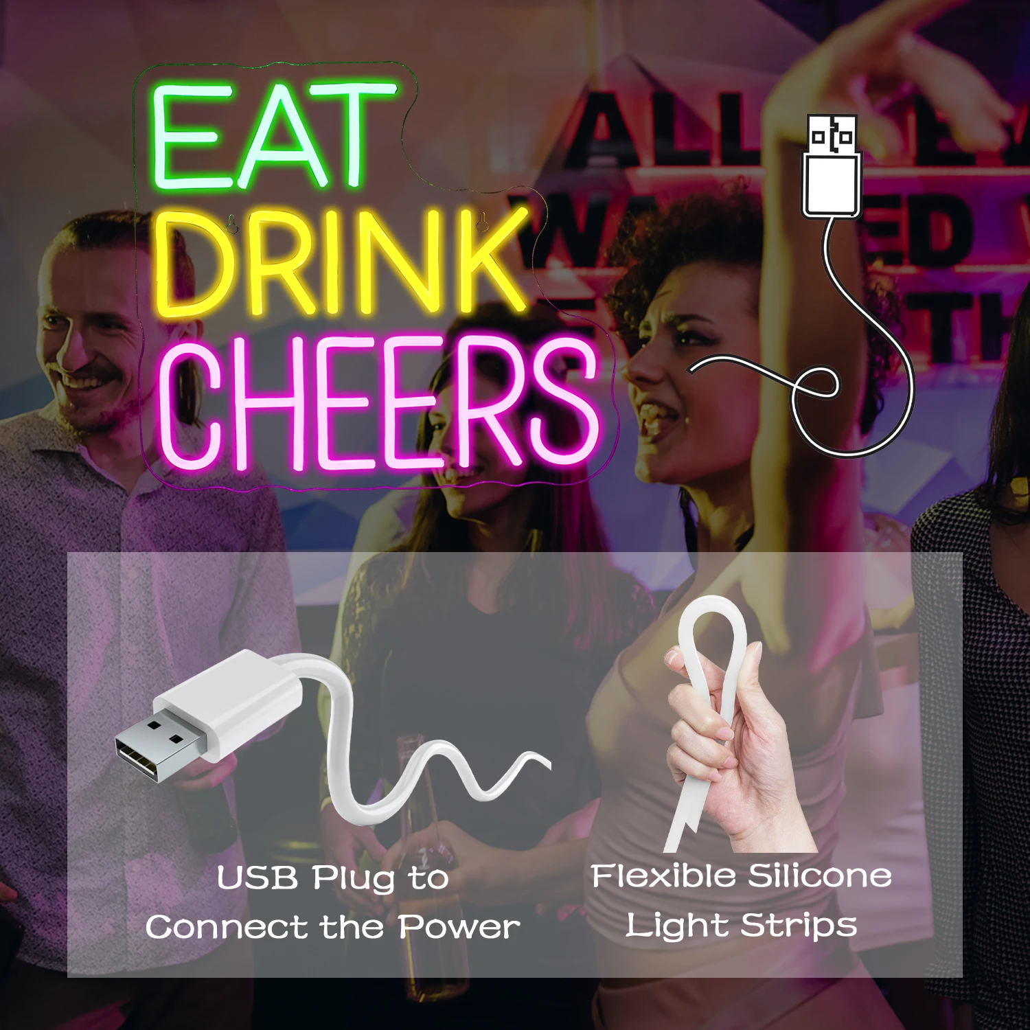 Imagem -04 - Drink Eat Cheers Neon Sign Cores Luzes Led Carta Decoração do Quarto Festa de Aniversário Quarto Casa Bar Wall Lamp Decor