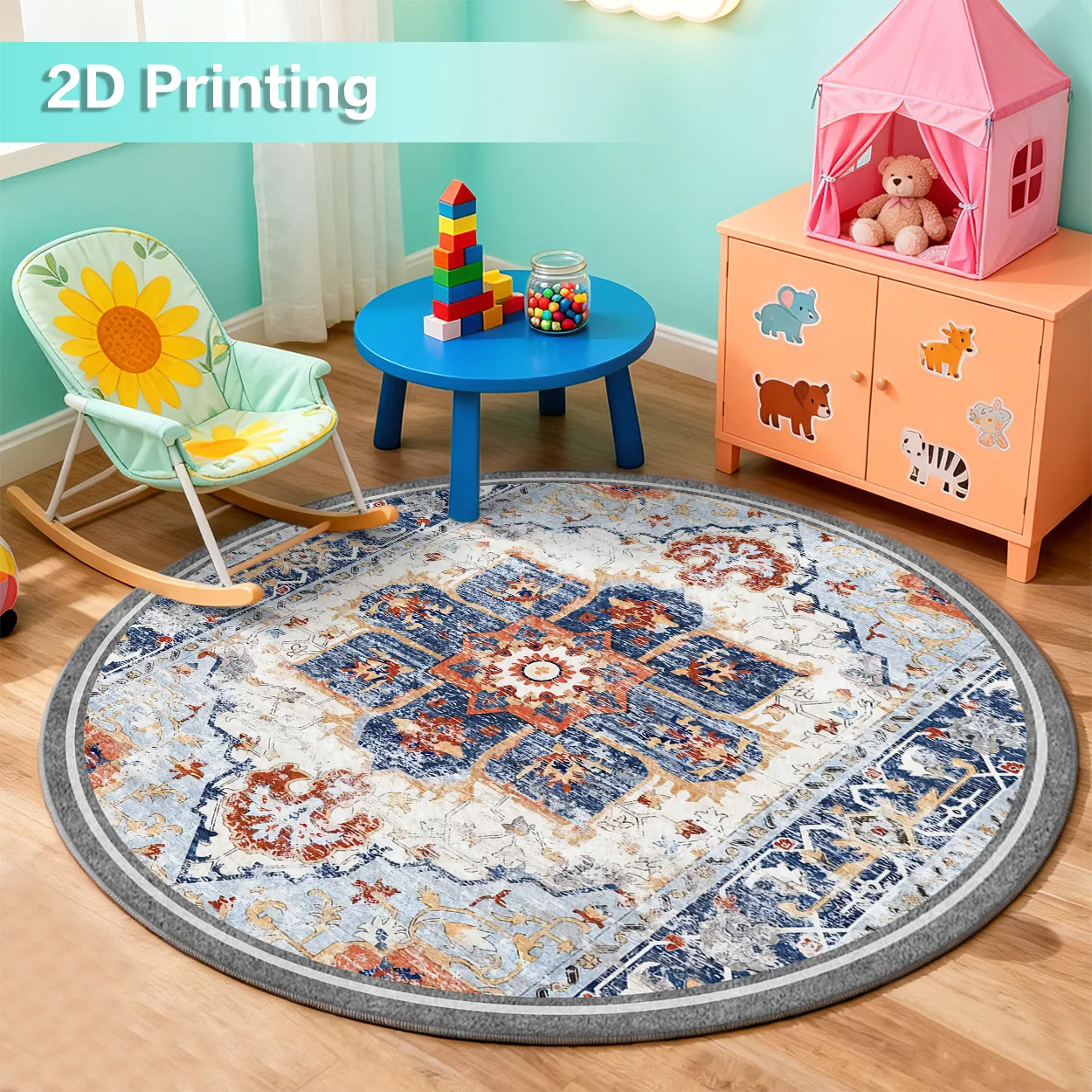 2d Printed Blue Orange Cream Vintage Oriental Round Area Rug Non Slip Floor Mat For Heritage Style Home Decor Gift