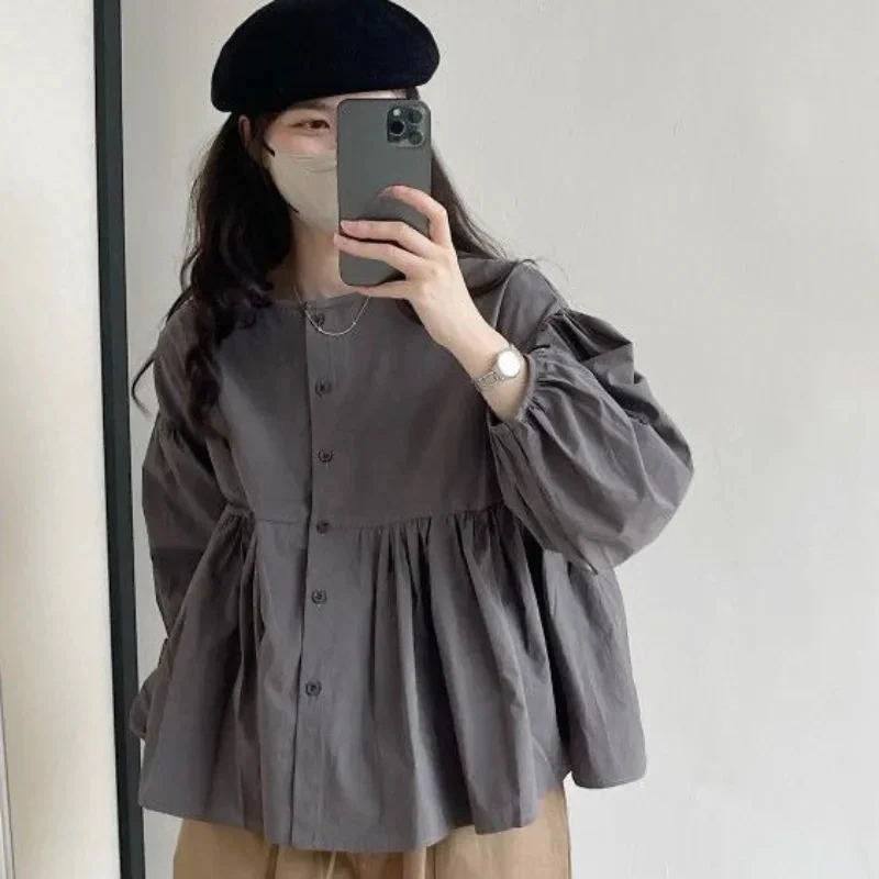 DAYIFUN-Women's Puff Sleeve Shirt,Loose Crop Solid Folds Schoolgirl Blusas,Korean,Leisure Simple Spring Long-sleeve Chic Blouses