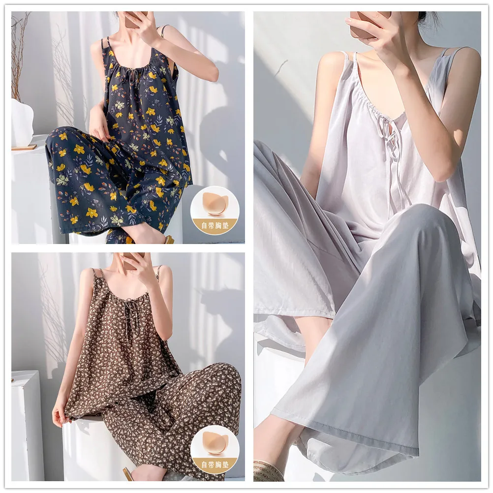 Women's Summer Thin Viscose Pajamas Suit Suspender Pants Two-piece Loungewear Female