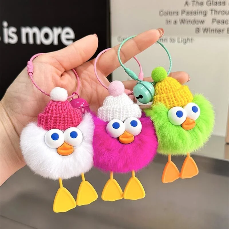 Keychain on the Phone Lanyard Duckling Natural Rex Rabbit Fur Keyrings Bag Charm Keyring Anime Accessories Keychain for Car Keys