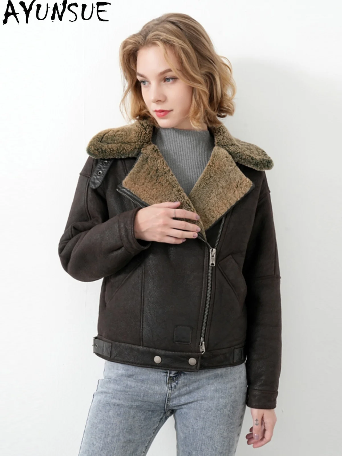 AYUNSUE Kurtka z prawdziwej skóry Odzież zimowa 2025 Naturalna skóra owcza Płaszcz damski Vintage Kurtki motocyklowe Damska odzież uliczna