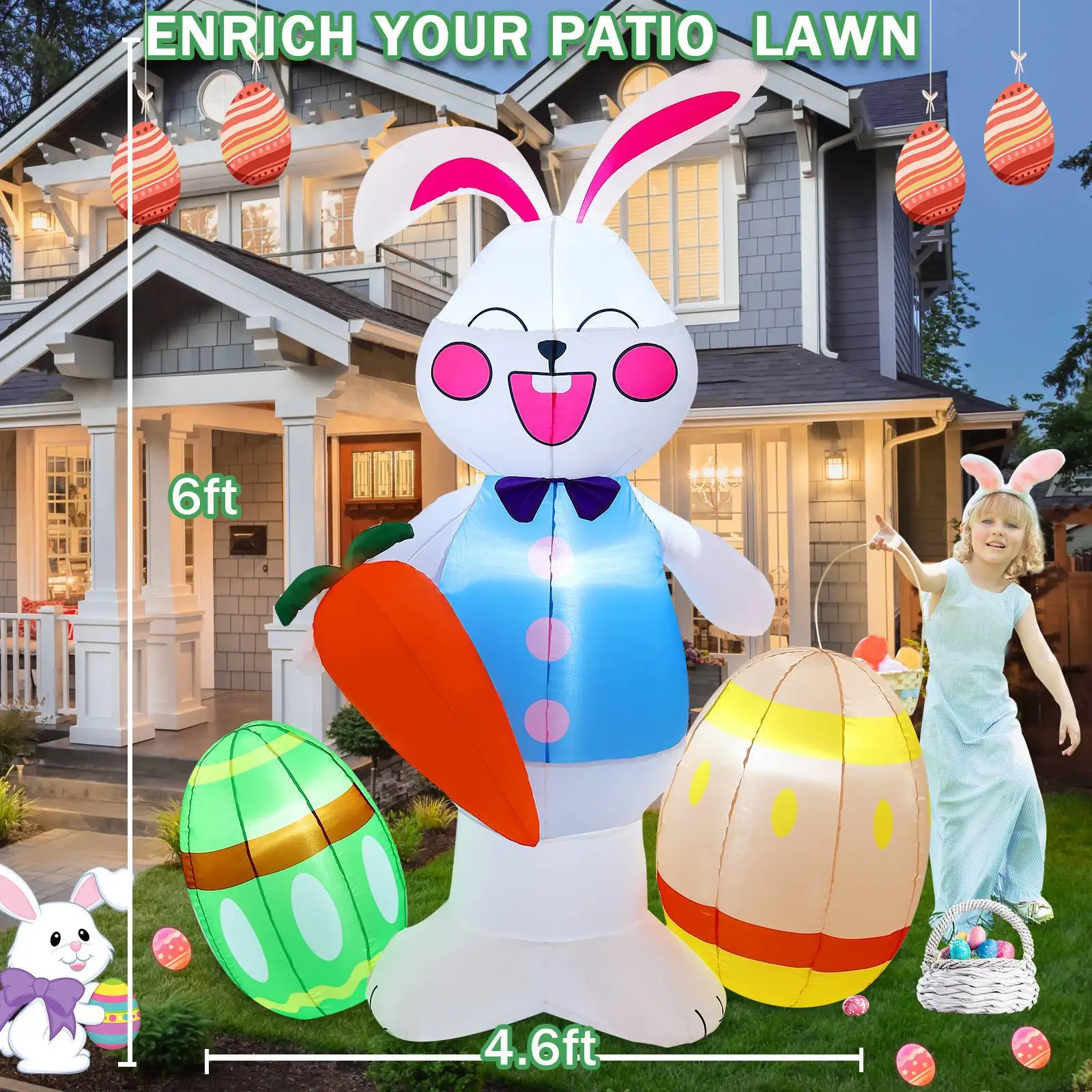 6 FT Lighted Easter Inflatable Bunny Holding Carrot Eggs Outdoor Indoor Easter Inflatable Holiday Decor Yard Lawn Inflatables