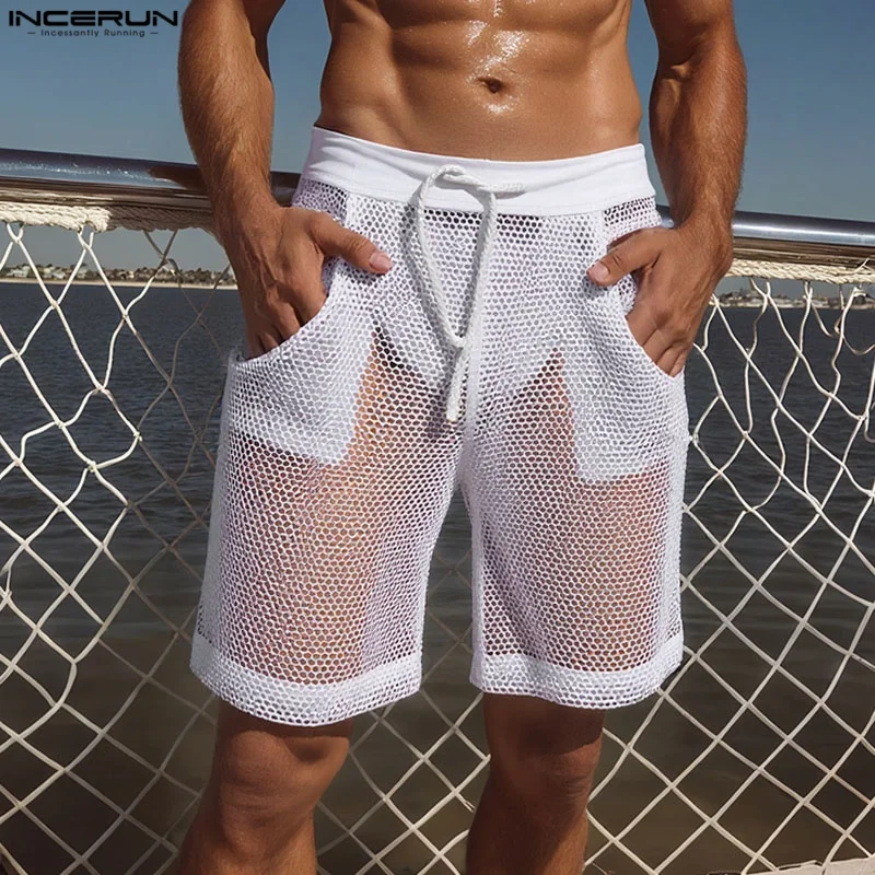 

INCERUN летние мужские шорты, однотонные сетчатые прозрачные мужские шорты на шнурке, уличная одежда, 2025 г., сексуальные модные мужские штаны, S-5XL