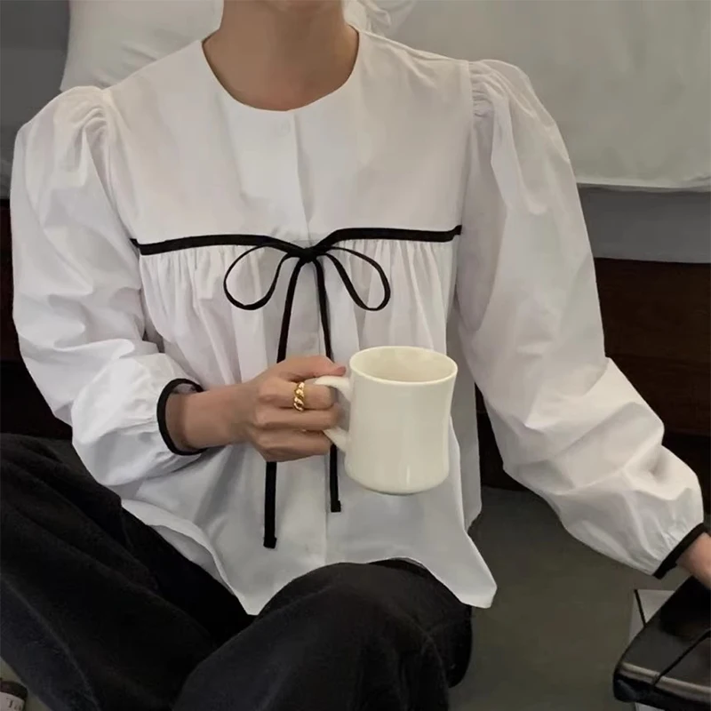 Csa hoada de manga larga para mujer, Top e con lazo y cuello redondo, Top informal versátil con Nudo de mariposa,...