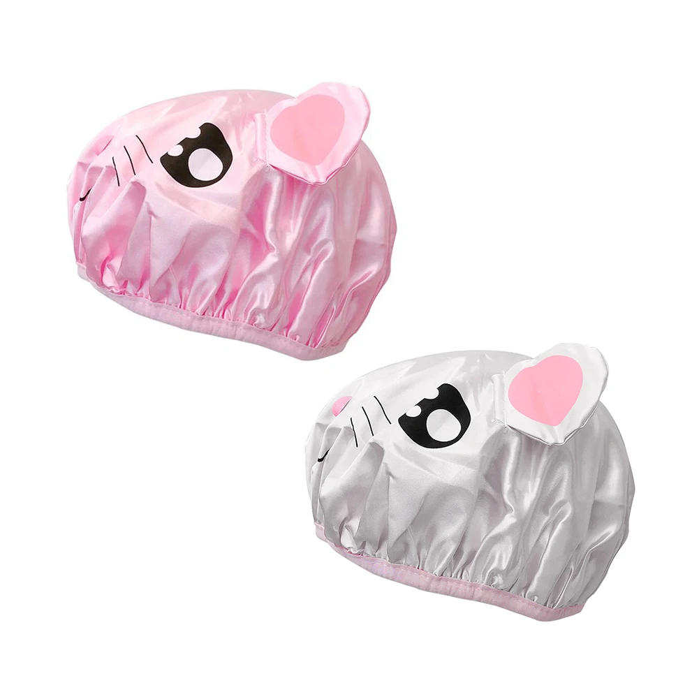 2pcs Kids Cartoon Bath Cap Double Layer Reusable Bathing Hat Head Cover Home Bathroom Waterproof Cute Children Shower Cap