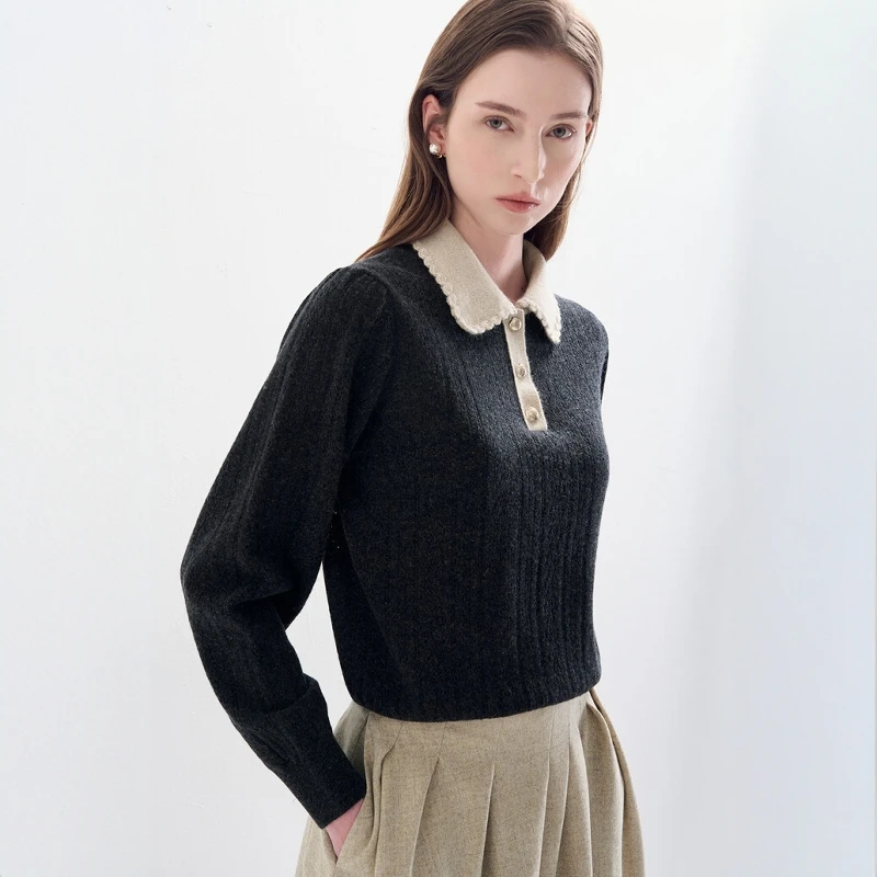 

Artistic Sle Soft Knitted irt with Lace Collar Skin-friendly Fem Long Sve ort Length Casual Sweater