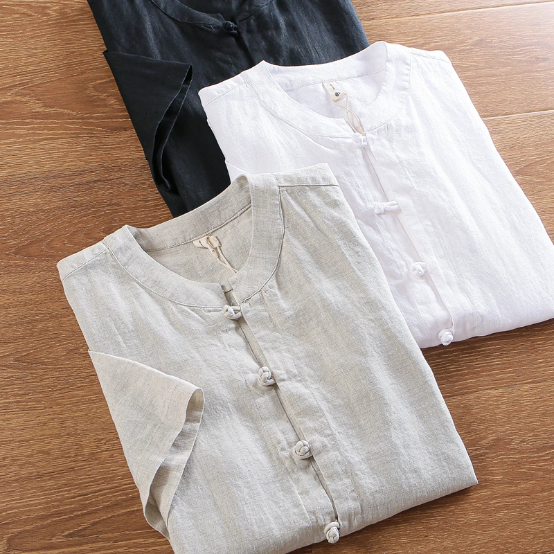 

Мужская летняя повседневная рубашка из чистого льна с коротким рукавом, воротником-стойкой, в винтажном стиле, на пуговицах, из смесового хлопка и льна
